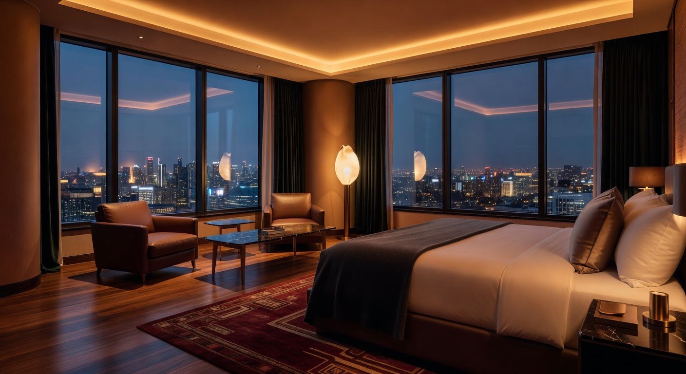 Cinematic view of a luxury hotel room interior with warm lighting