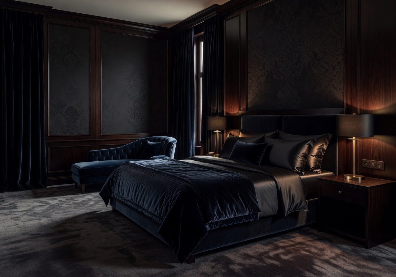 Dark elegant luxury hotel bedroom interior