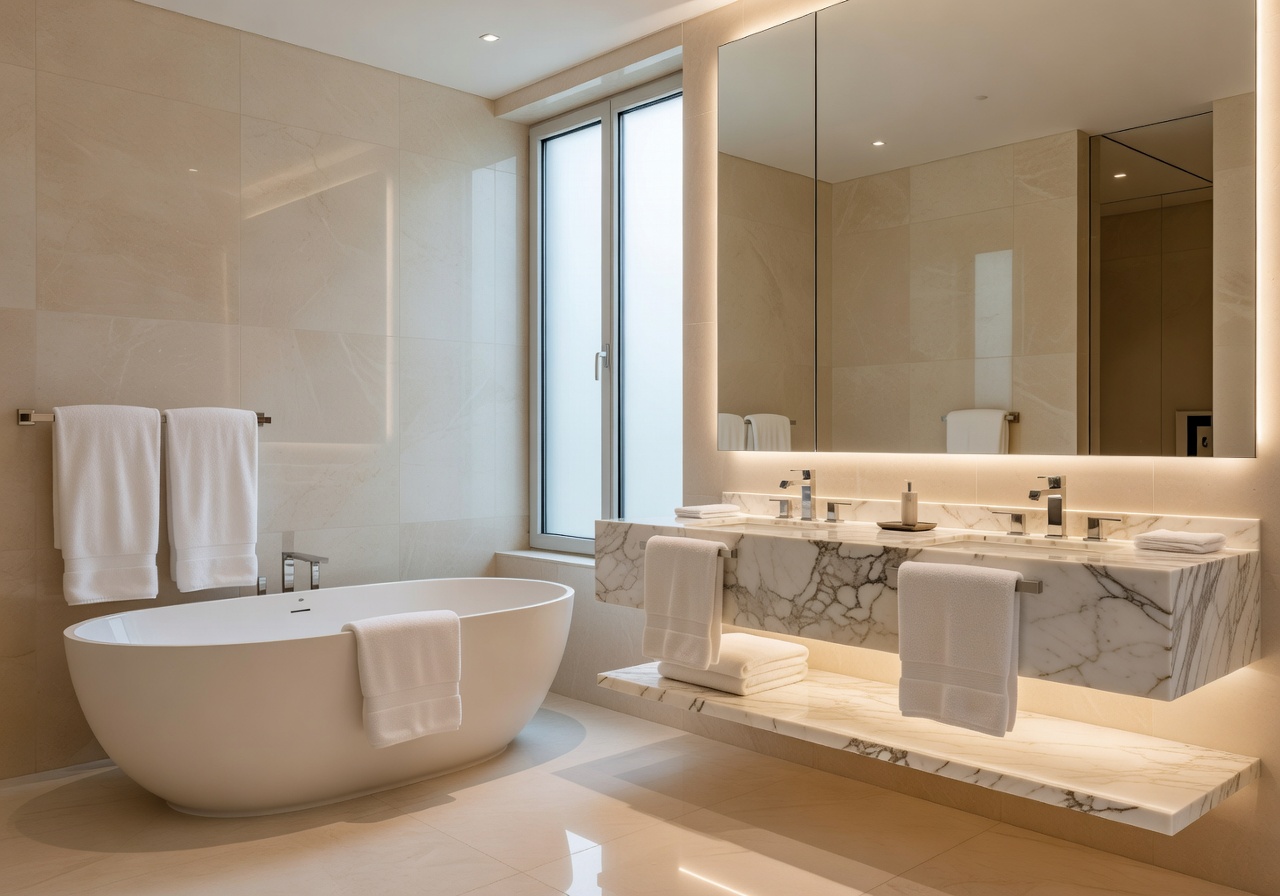 High end hotel bathroom with elegant finishes