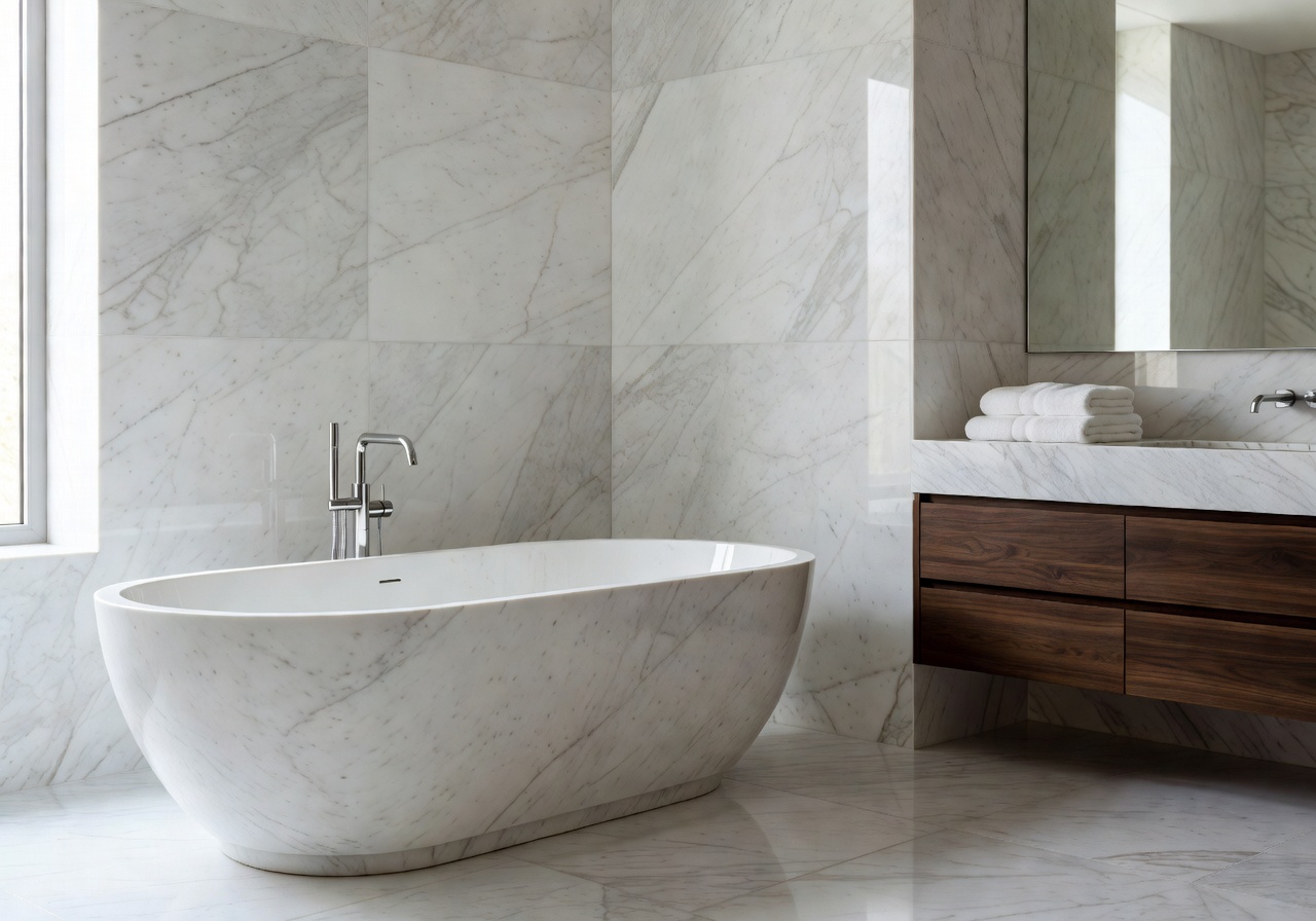 Luxurious marble bathroom with freestanding tub