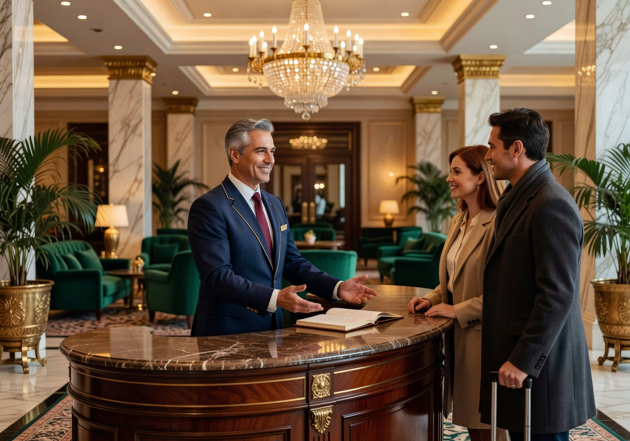 Luxury hotel concierge assisting guests with a smile