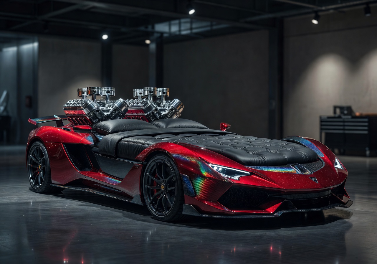 Sleek sports cars parked inside a modern luxury architectural space representing V8 Hotel